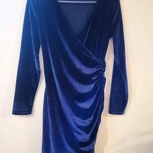 Elegant Blue Velvet Wrap Dress - Long Sleeve